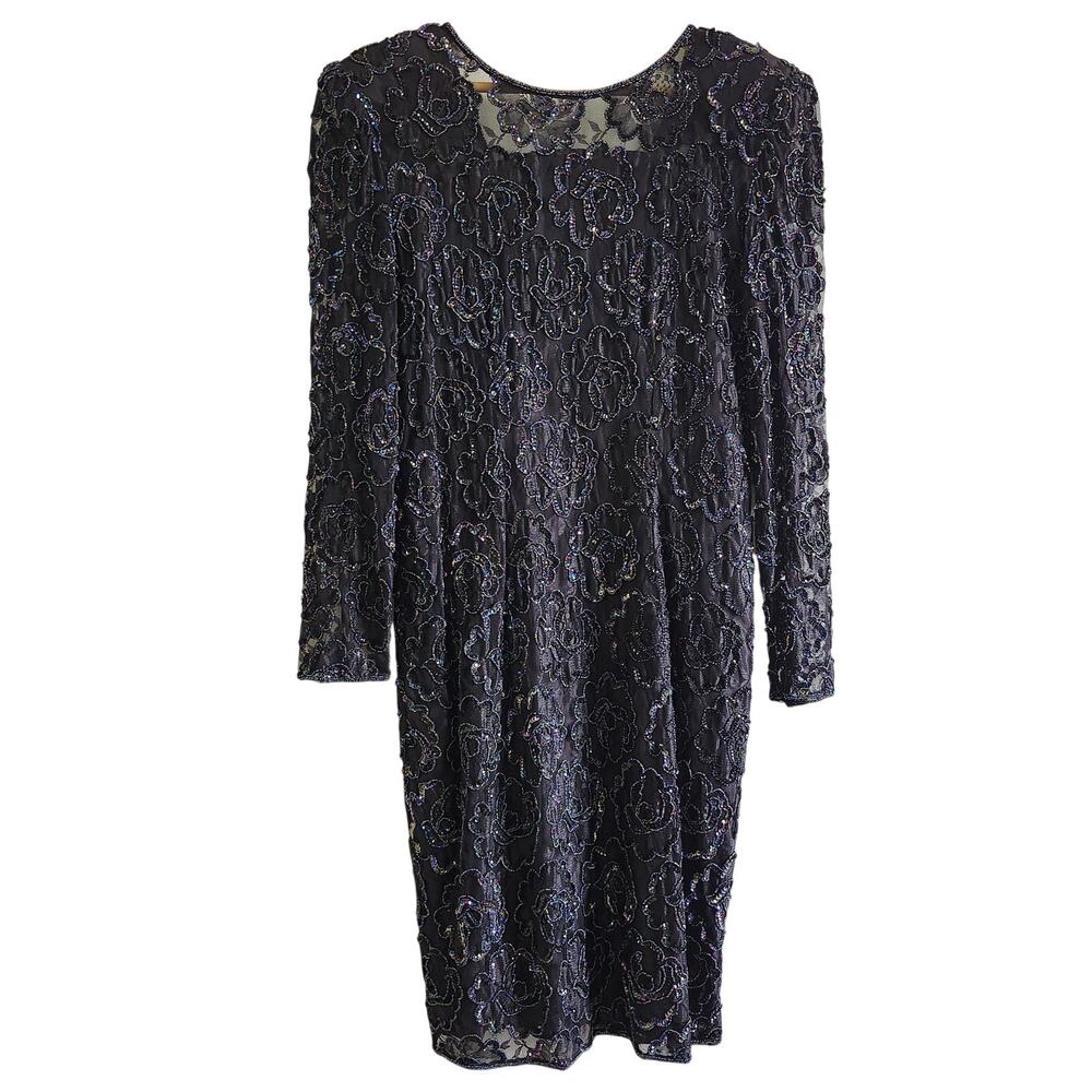 Leslie Fay Evenings Black Beaded Lace Evening/Cocktail Midi Dress Size 16